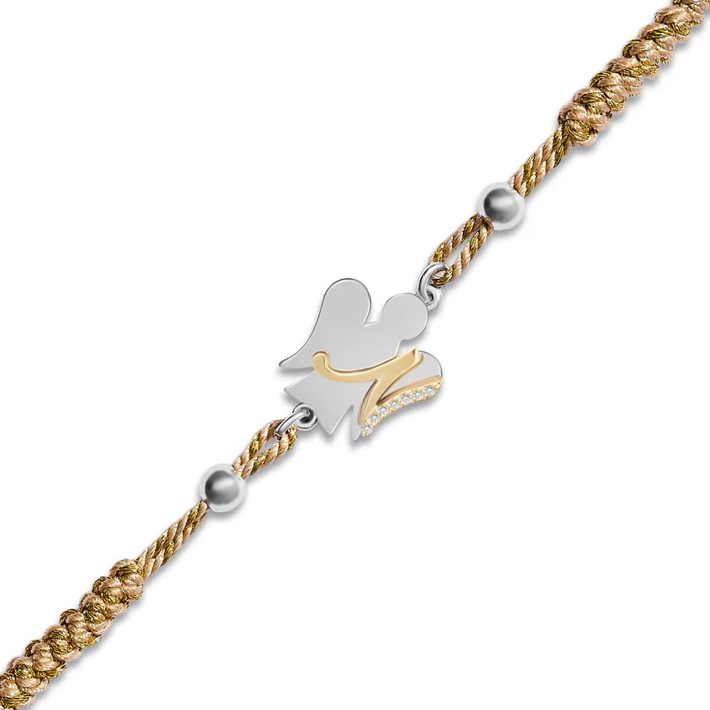 Bracciale con cordino regolabile beige e oro | Angelo e lettera in argento | L'alfabeto degli Angeli | Roberto Giannotti (N)