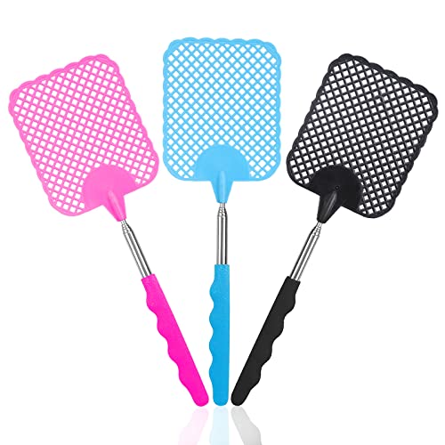 Lot de 3 tapettes à mouches extensibles - Avec grattoir à moustiques intégré - Pour repousser les mouches, les guêpes, les moustiques et autres insectes (noir, bleu, rose) Cover