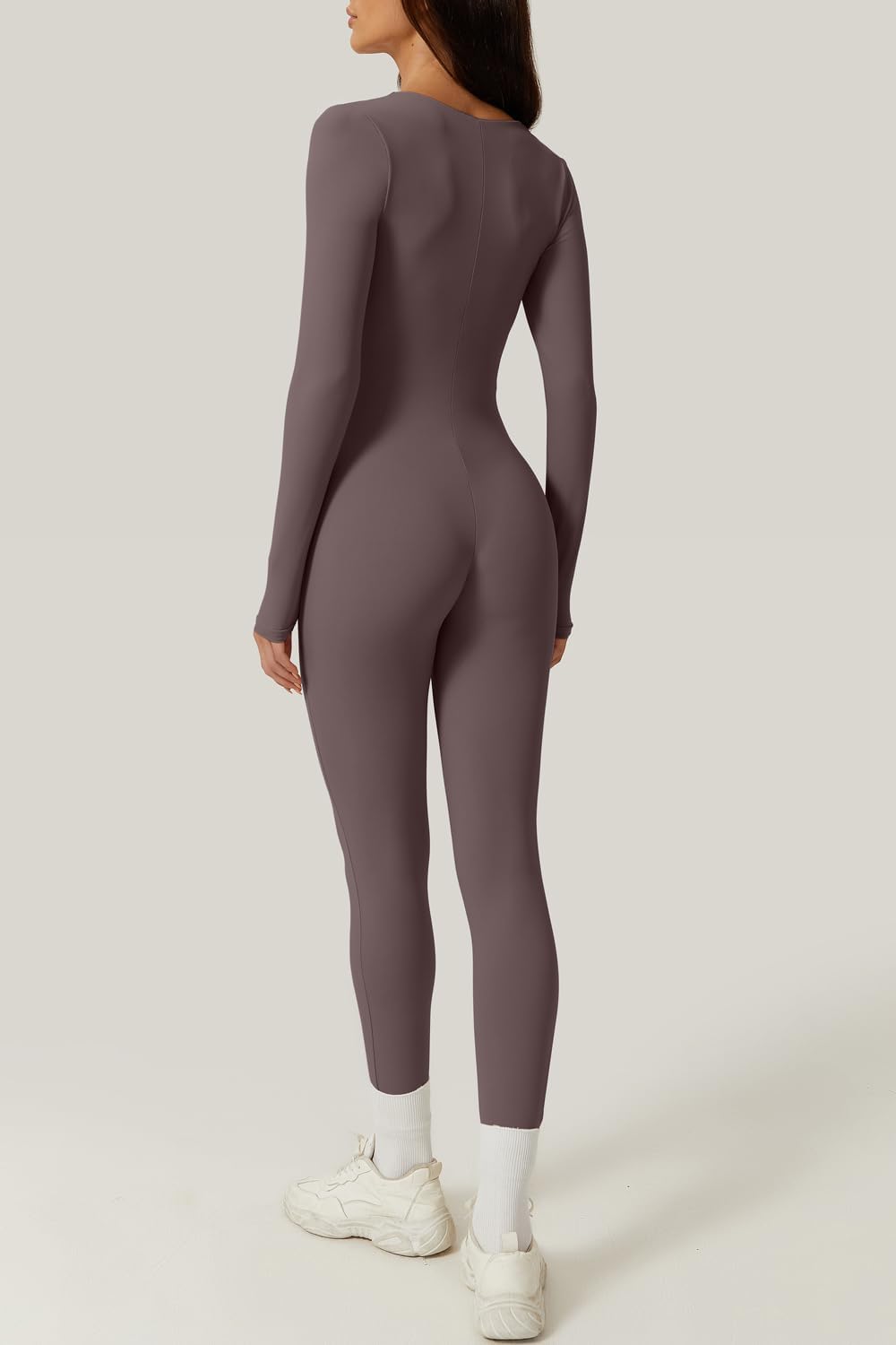 QINSEN Womens Sexy Square Neck Long Sleeve Full Length Leggings Bodycon Stretch Jumpsuit - Image 5