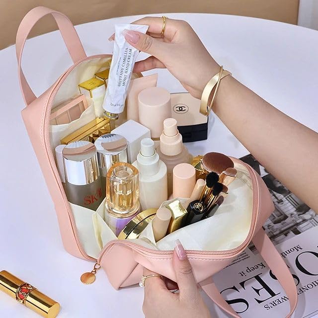 Morden Makeup Bag Large Portable Cosmetic Bag for Women Cute Cosmetic Bag Travel Toiletry Bag PU Leather Waterproof-Travel Organizer Make Up Bag with Divider and Handle (Pink)-image-7
