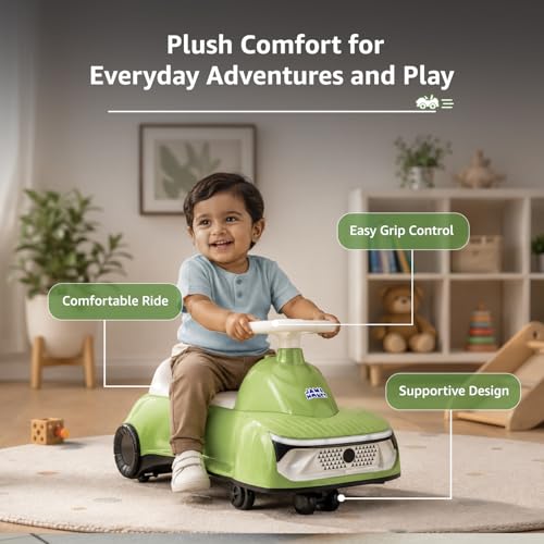 Image of Amazon Brand - Jam & Honey Ride-On Swing Car for Kids 12 Months+ | Premium Design with Stable Overhang Base | PU Wheels | Supports up to 100 kg | Indoor & Outdoor - Green