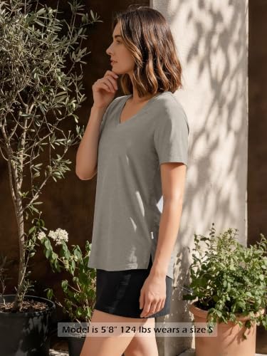 Image of ODODOS Women's Short Sleeve Performance V-Neck Tunic Tops, Ultra Soft odSTRATUM Tech Tee, Side Slit Relaxed T-Shirts