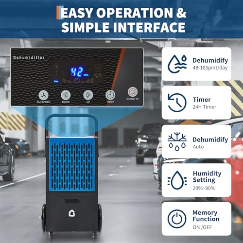 Image of 105 pt Commercial Dehumidifier for Basement, Large Dehumidifier with Drain Hose, Timer and 4 Wheels, Ideal for Flood Repair, Drying Basement, Warehouse and Factory, 110V /60Hz /520W, US Standard