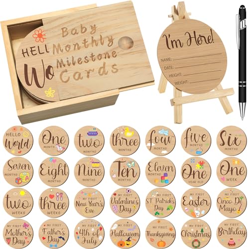 Image of Wesiti 31 Pcs Baby Monthly Milestone Sign Wooden Set Double Sided Hello World Milestone Cards Pregnancy Journey Birth Announcement Props for Baby Boy Girl (Novel)