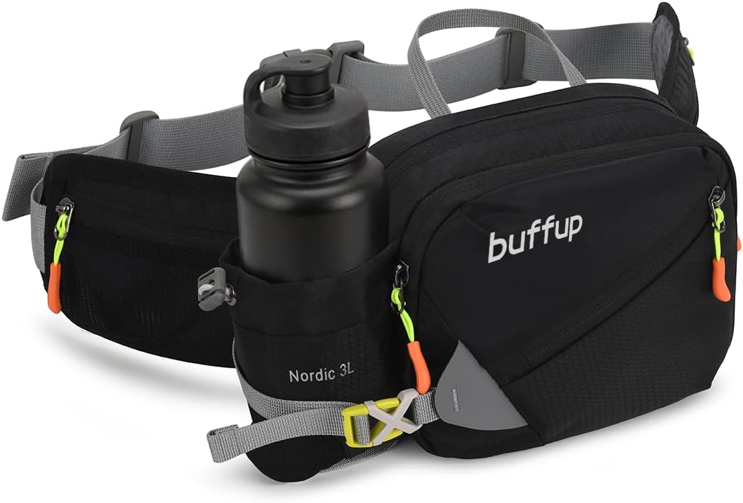 Lightweight Sports Fanny Pack with Bottle Holder,Waist Pack for Hiking,Running,Cycling & Outdoor Adventures (Black)