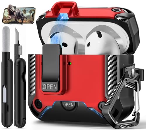 Image of for AirPods 4 Case with Lock & Phone Stand(Red) | Automatic Snap Switch Lock,Carbon Fiber Texture Design Cover with Cleaner Kit