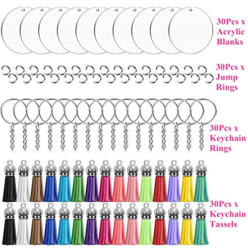 Acrylic Keychain Blanks Making Tassels Kit Bulk 120pcs Vinyl Ornaments Set Including 30pcs Clear Blanks 30pcs Tassels 30pcs Key Chain Rings 30pcs Jump Rings for DIY Projects Crafts