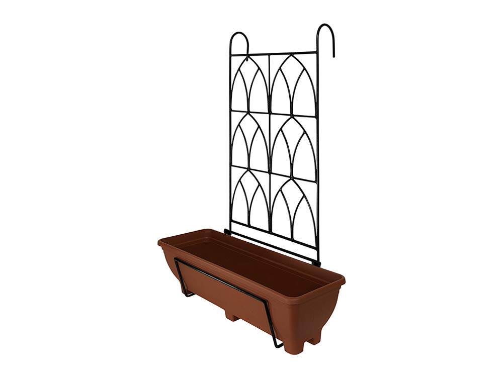 Garden Pride Hanging Balcony Planter with Decorative Trellis - 60cm Trough holder for use on balconies, fences or railings. An ideal alternative to a window box. (Terracotta Trough)