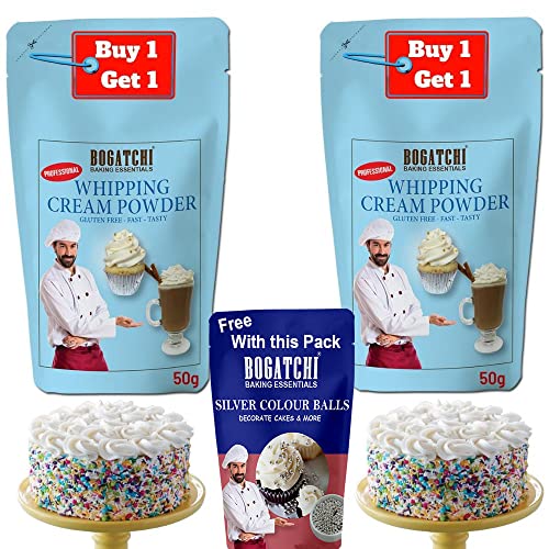 Image of BOGATCHI Whipping cream for cake, Whipping Cream Powder, Whipped Cream, Premium Whipping cream Powder, Rich Whipping cream|FREE One Extra Whipping Cream Powder(50g)+ Silver Balls (20g)