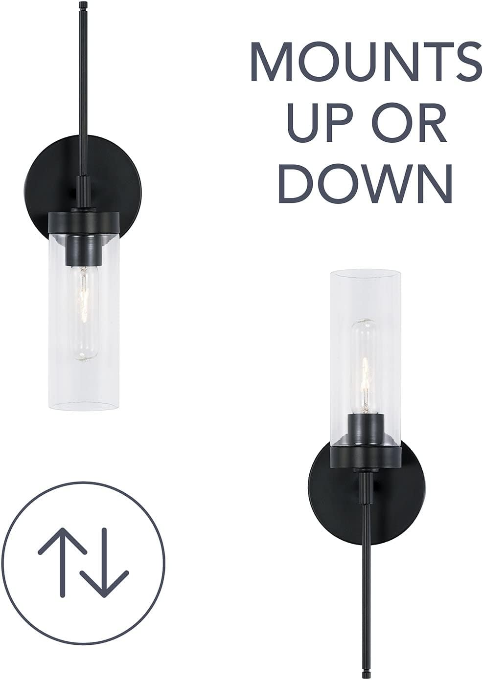 Austin Allen AA1016MB Riley Modern Clear Glass Cylinder Wall Sconce, 1-Light 100 Watt, 17" H x 5" W, Matte Black