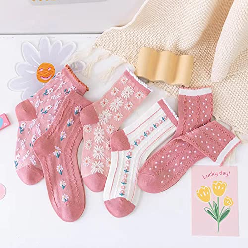 Image of DXYAKY 5 Pairs Womens Floral Cotton Socks Vintage Patterned Crew Socks Novelty Ankle Ruffled Warm Casual Dress Socks