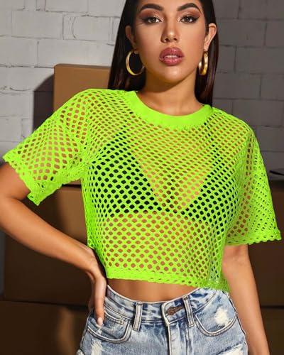 Women's Mesh Top Fishnet T Shirts Sheer Loose Short Sleeve See Through Crop Tops2