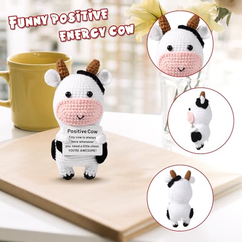 TOYMIS Positive Cow, Crochet Cow Cute Crochet Cow Plush Knitted Potato Emotional Knitted Animals Knitted Wool Doll for Party Decorations Encouragement Gifts