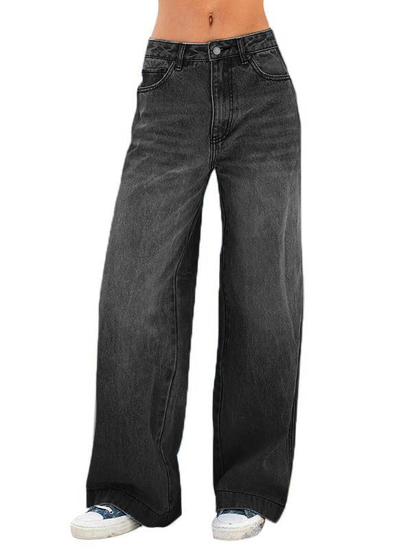 EMMIOL Weite Leg Jeans Damen Straight Mit Mittlerer Bund Hosen im Used-Look Black XL