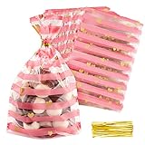 🍬【Paquete Incluye】︰ 50pcs bolsa plástico transparente para dulces galletas + 50 lazos retorcidos dorados.