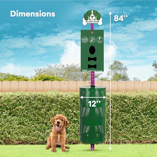Flybold Dog Waste Station - Outdoor Dog Poop Trash Can with Poop Bag Dispenser - 400 Roll Bags, 100 Pull Bags, 50 Can Liners - Pet Waste Bag Disposal System for Parks and Public Spaces - 13x26 Inches