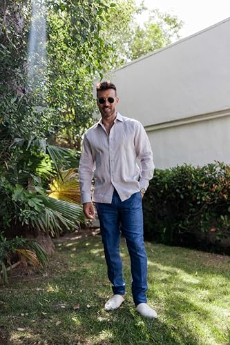 Mojito Men's 100% Linen Guayabera Chacabana Shirt Long Sleeve - Geometric Embroidery4