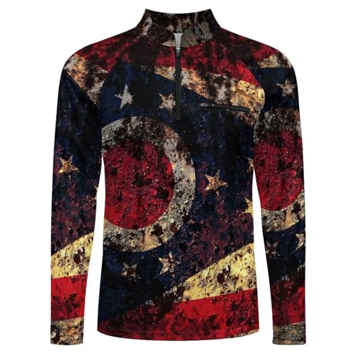 Retro Style Ohio Flag Men's Rash Guard Long Sleeves Quick Dry Fishing Workout Shirts with Zipper4