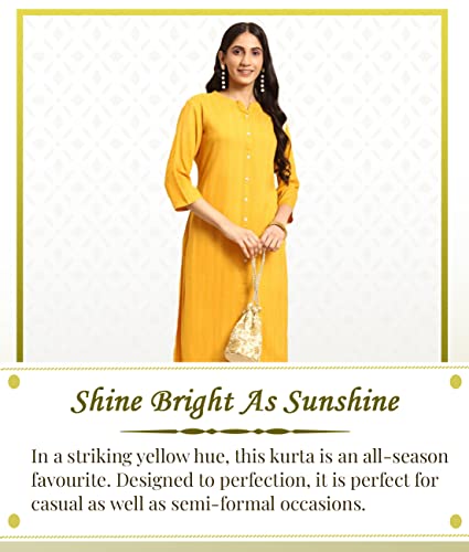 Image of rangita Yellow Rayon Calf Length Striped Straight Kurti for Women | Kurta for Women