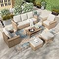 HERA'S HOUSE 6-Piece Patio Furniture Set, All Weather 7 Seats Outdoor Wicker Sofa with Ottomans, Rattan Patio Conversation Set with 5.5" Cushions and 44" Coffee Table, Beige