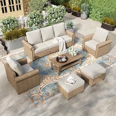 HERA'S HOUSE 6-Piece Patio Furniture Set, All Weather 7 Seats Outdoor Wicker Sofa with Ottomans, Rattan Patio Conversation Set with 5.5" Cushions and 44" Coffee Table, Beige