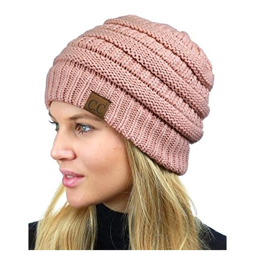 C.C Unisex Chunky Soft Stretch Cable Knit Warm Fuzzy Lined Skully Beanie, Indi Pink