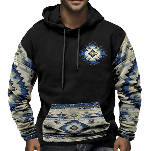 Bengbobar Western Hoodies for Men Aztec Hoodie Cowboy Hooded Sweatshirt Long Sleeve Country Oversized Pullover with Pocket