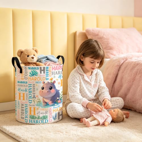 Image of Custom Hippo Laundry Hamper, Personalized Laundry Basket with Name, Customized Dirty Clothes Basket for Clothes Toy Bathroom Bedroom Storage,S-16.5 inchX 13.8 inch