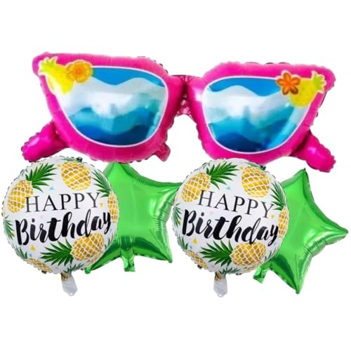 Image of Atpata Funky Pink Beach Goggle Foil Balloon with Pineapple Happy Birthday Balloons for Beach Theme Birthday, Pool Party, Summer, Tropical Aloha Luau Fruits Theme Decorations