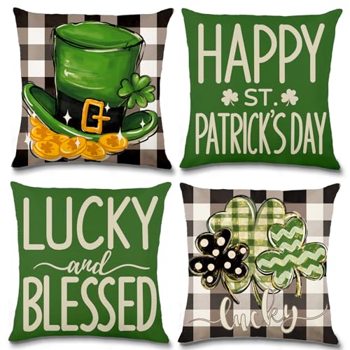 Vellibring St Patricks Day Pillow Covers 18 x 18 Inch Throw Pillow Covers for Black White Buffalo Plaid Lucky Charms Shamrock Outdoor Pillowcase Green March Hat for Home Bedroom Sofa Decor