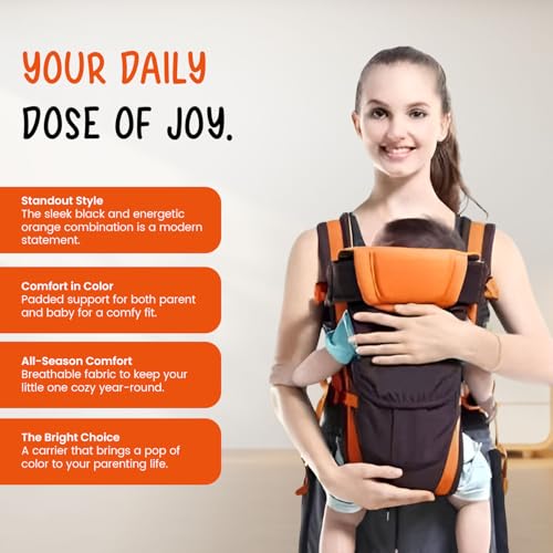 Image of LittleBoo New Born Baby Carrier Bag 4-in-1 Adjustable Baby Sitting Carrier Bag - Front & Back Carry with Head Support, Safety Belt & Buckle Straps for 0-24 Months (Black-Orange)