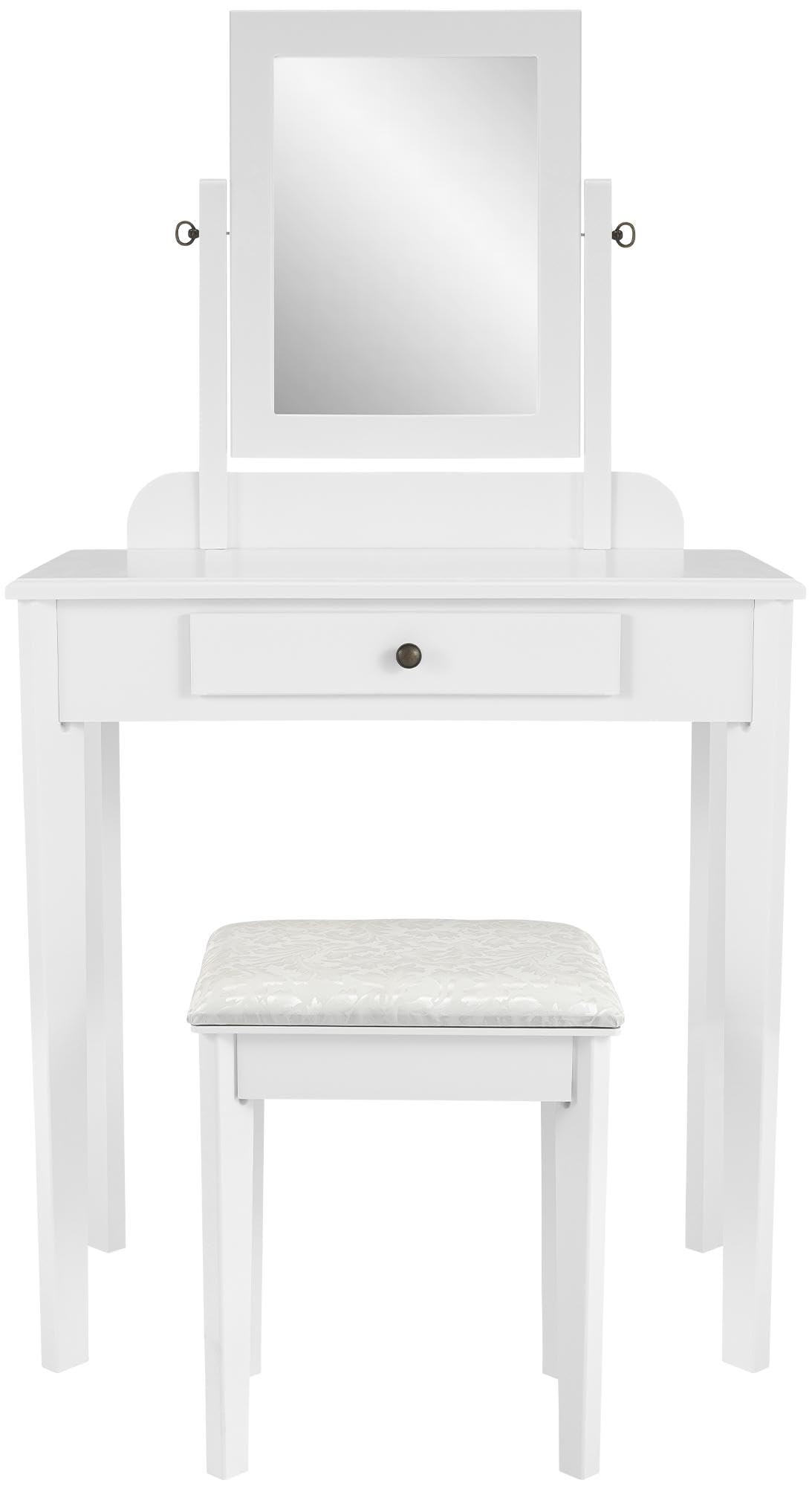 CLP Schminktisch Set mit Hocker und Spiegel Velia, Kosmetiktisch mit Schublade, Sitz gepolstert, Gestell aus Pappelholz Farbe weiß