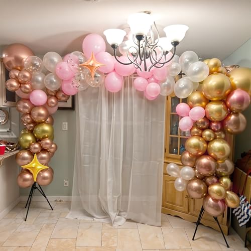 Image of Pink White Balloon Arch Kit, Pink Gold Garland with Rose Gold Star Balloons | for Birthday Baby Shower Bridal Shower Wedding Engagement Anniversary Princess Party Backdrop Decor