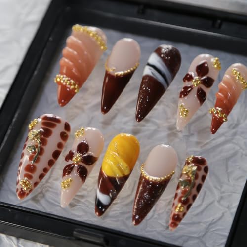 MAGLFELL Press On Nails- Handmade Stiletto French Tip Fake Nails ...