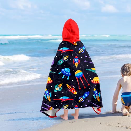Image of Universe Boys Beach Towel with Hoodie for Kids Toddlers Age 4-8,Starry Sky Blue Bath Towels Shower Wrap for Boys, Hooded Poncho Beach Blanket for Pool Swimming Cute Wearable Bath Towel for Child