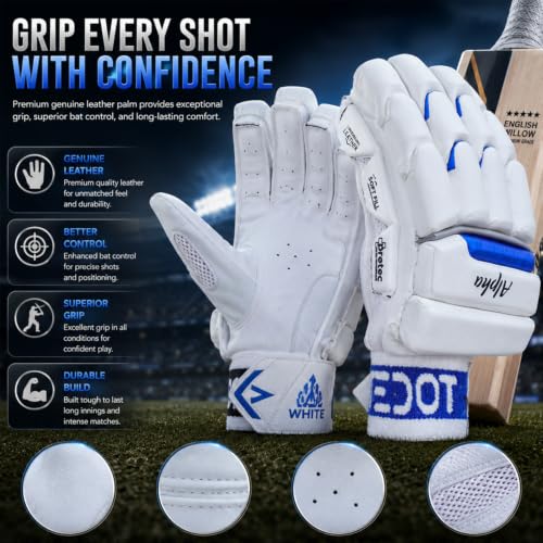 Image of WHITEDOT Sports Alpha Levlon Leather Cricket Batting Gloves for Boys, Left Hand (Small, White)