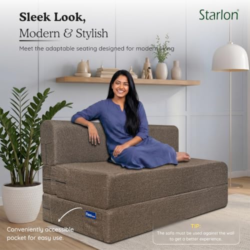 Image of Starlon 3 Seater Sofa Cum Bed Foldable 3-in-1 Sofa Bed with 1 Year Warranty, Washable Jute Fabric Cover | Coffee Brown 5x6.25 Ft