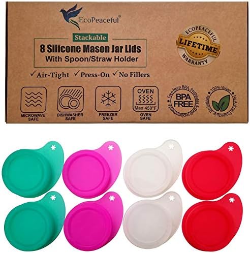 EcoPeaceful 8 Silicone Mason Jar Lids w/Utensil Holder (for Spoon or Straw) - PUSH-ON Mason Jar Caps - One Size For Wide & Regular Mouth Mason Jar Tops - BPA-free, PVC-free, Airtight, Reusable, Vegan