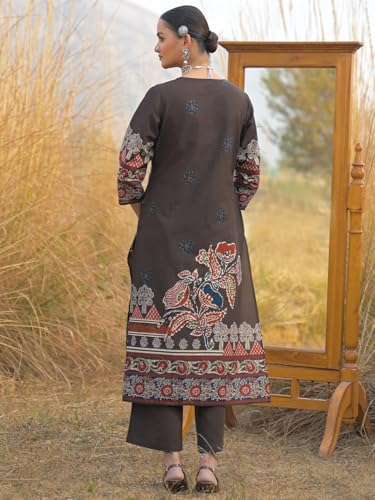 Image of INDO ERA Women's Green Pure Cotton Floral Printed Sequinned Kurta & Pant with Dupatta Set