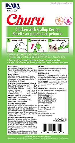 Image of INABA Churu Cat Treats, Grain-Free, Lickable, Squeezable Creamy Puree Cat Treat /Topper with Vitamin E & Taurine, 0.5 Ounces Each Tube, 48 Tubes (4 per Pack), Chicken with Scallop Recipe