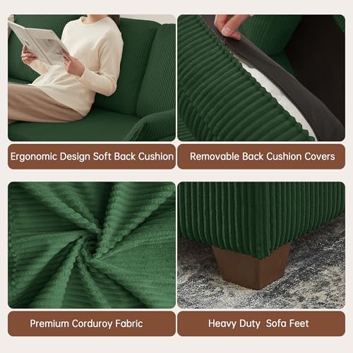 Image of Sectional Sofa with Storage Ottomans & Coffee Table, 4 Seat U Shaped Couches for Living Room: Corduroy Fabric | Double Movable Chaise Ottoman | Storage Long Bench | Modern Convertible Couch Set, Green
