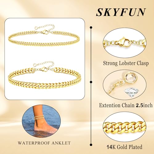 Image of Anklets for Women 14K Gold Plated Ankle Bracelets Waterproof Layered Cuban Link Chain Anklets Set Adjustable Summer Beach Vacation Travel Jewelry