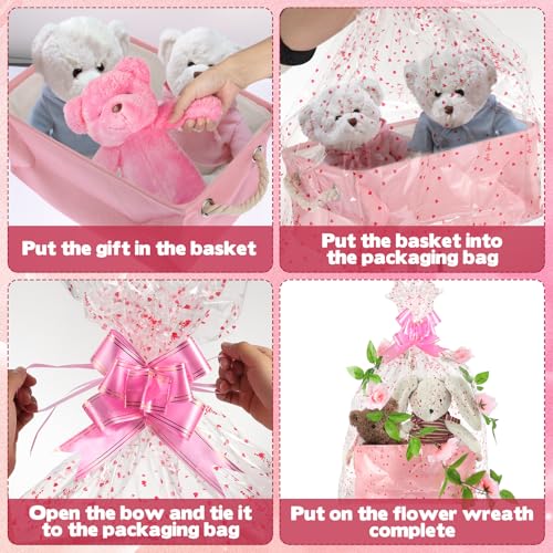 Image of Rainmae Baby Shower Storage Basket with Gift Bags Ribbons, Pink Girls Nursery Toys Baskets, Large Canvas Storage Bin with Handles for Organizing Toy Home DIY Gift Basket for Baby Shower Birthday Party