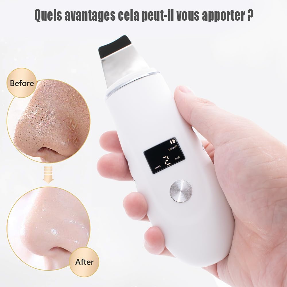 Pinkiou Épurateur de Peau, Blanc | Spatule Point Noir, 4 modes, Nettoyage en profondeur des pores, Grattoir portable, Station de Charge Type-C