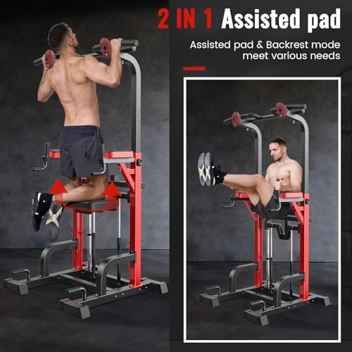 Image of Pooboo Power Tower Dip Station Pull Up Bar for Fitness Home Gym Workout,450 Pounds Multi-Function Adjustable Height Fitness Strength Training Exercise Equipment,with Power Elastic Ropes