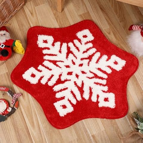 FGCOGOD Christmas Snowflake Bathroom Rugs - Red Snowflake Bath Rug, Non Slip Winter Snowflake Shower Rug, Winter Holiday Xmas Decor for Living Room, Bedroom, Kitchen, Powder Room Cover