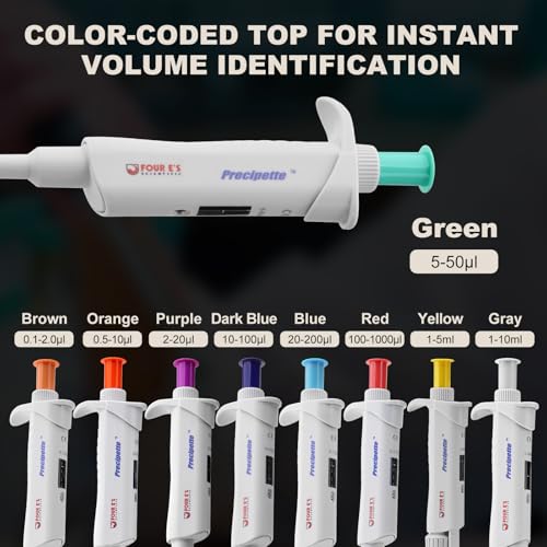 Image of 4E's USA Lab 5-50μL Pipette: Single-Channel Adjustable Micropipette with Color-Coded Top (Green), 4 Digit Display, Universal Tip Cone, High Accuracy, ISO 8655 Calibrated & Lower Portion Autoclavable