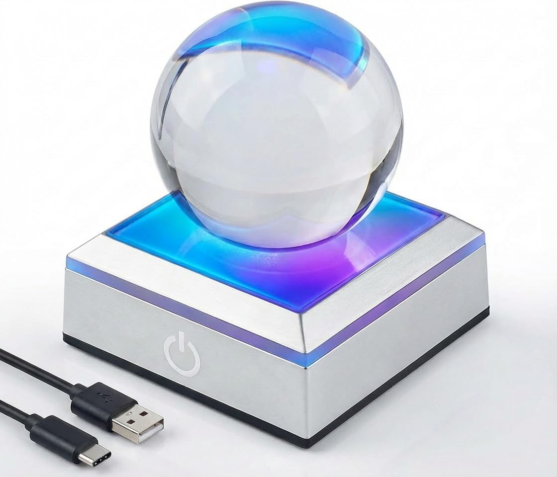 LED Light Base for Crystal Ball, 6 Multicolor Light Display Stand Lamp Base with Sensitive Touch Switch, Square Lamp Stand for 3D Glass and Flat Concave Ornaments and Resin Art, USB Power Cable