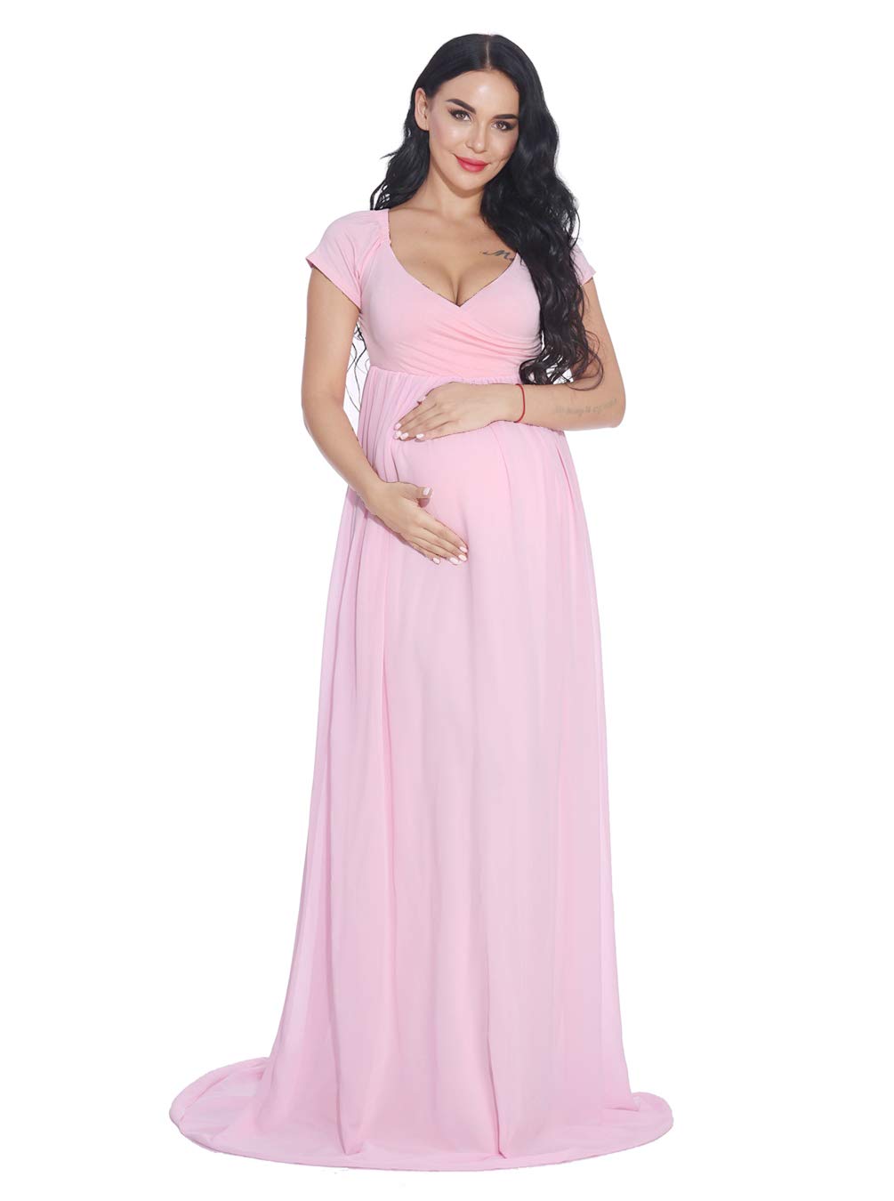ZIUMUDYMaternity Chiffon Gown Wraped Short Sleeve Cross-Front Photography Maxi Dress for Baby Shower