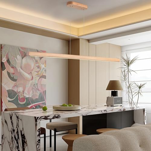 Image of 55 inch Wood Linear Pendant Modern Kitchen Island Light Fixture with Remote Solid Wooden Hanging Ceiling Light Chandeliers for Dining Room Kitchen Pendant Lighting Over Island Natural